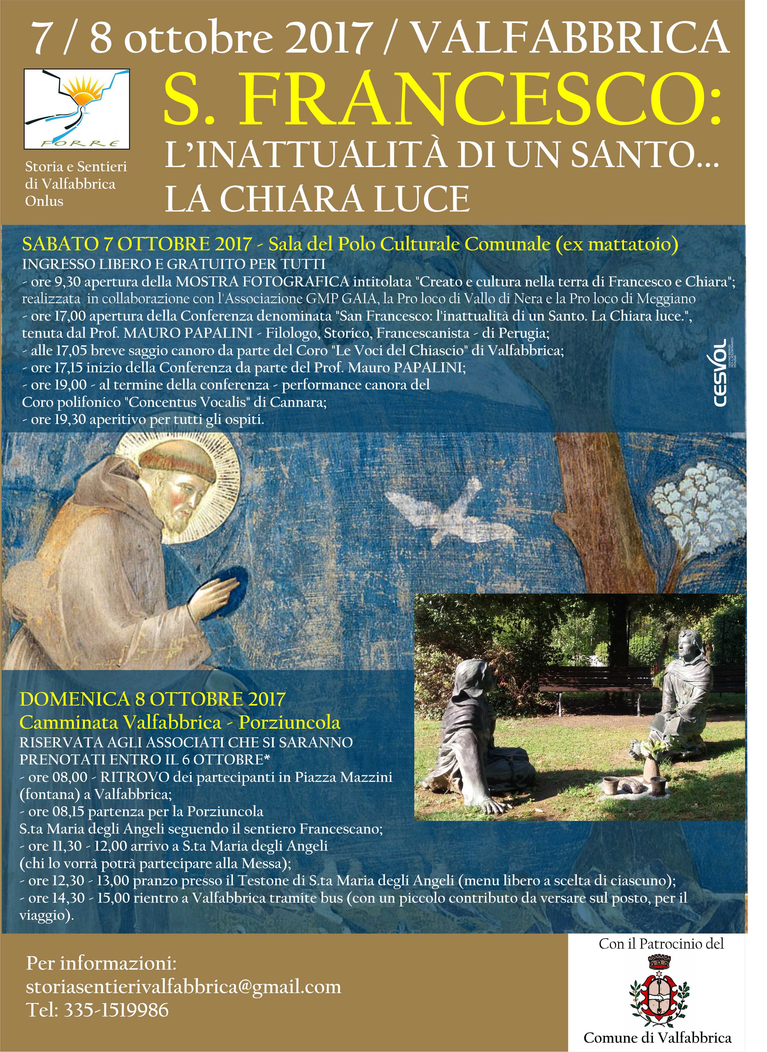 7 ed 8 ottobre 2017 - Conferenza su S. Francesco e camminata ad Assisi 